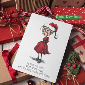 6 divertidas tarjetas navideñas para descargar en formato digital, señora Claus gruñona, divertidas tarjetas navideñas para mujeres, tarjetas para adultos, Papá Noel sarcástico, descarga en formato PDF