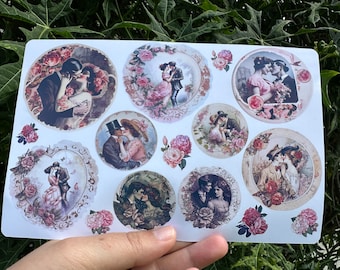 Vintage Look Romance Sticker Sheet, Love Couples, Ephemera Vintage Sticker Sheet for Junk Journals, Planners, Scrapbooking, Greeting Cards