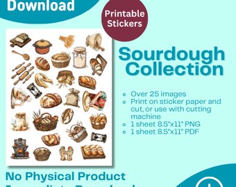 May include: A digital download of 25 printable sourdough bread stickers. The stickers are illustrated in a watercolor style and feature various images of bread, baking tools, and ingredients. The text "Sourdough Collection" is displayed in a large font at the top of the image.