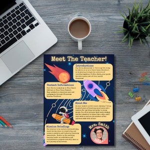 Maak kennis met de leraar-sjabloon Outer Space, bewerkbare ruimte-sjabloon, digitaal lerarenbestand, maak kennis met de leraar-flyer, lerarenklas