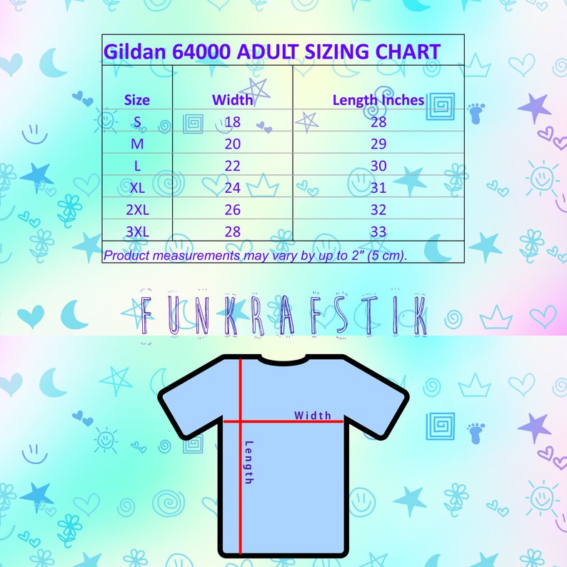 Op de afbeelding: Een maattabel voor Gildan 64000 T-shirts voor volwassenen. De tabel toont de breedte en lengte in inches voor de maten S, M, L, XL, 2XL en 3XL. De tekst "Product measurements may vary by up to 2" (5 cm)." is ook inbegrepen.