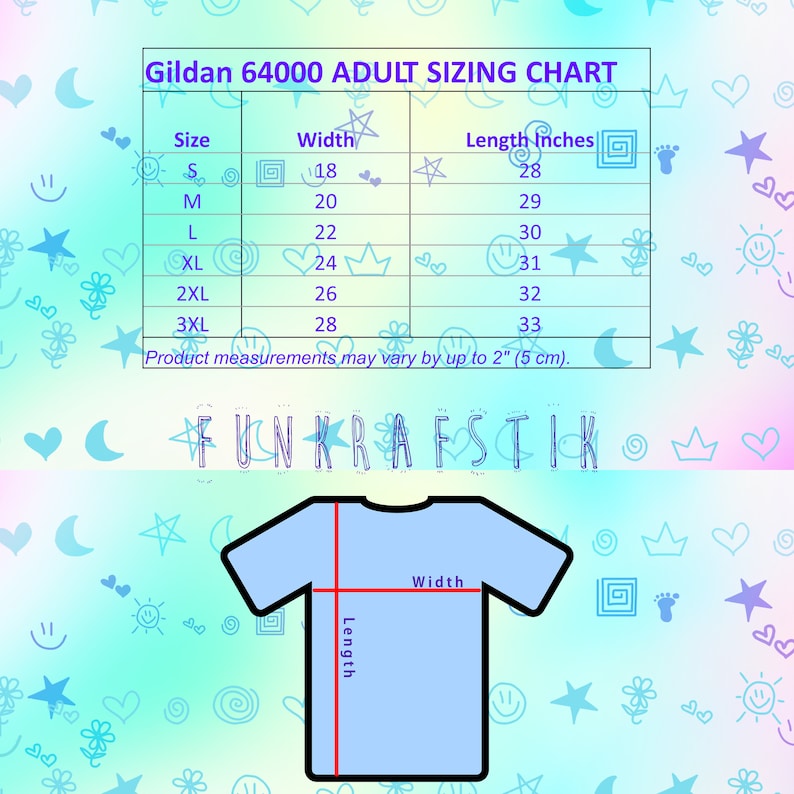Op de afbeelding: Een maattabel voor Gildan 64000 T-shirts voor volwassenen. De tabel toont de breedte en lengte in inches voor de maten S, M, L, XL, 2XL en 3XL. De tekst "Product measurements may vary by up to 2" (5 cm)." is ook inbegrepen.