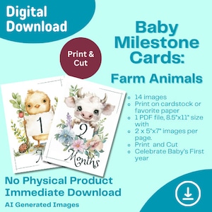 Cartes d'étape importante pour bébé, téléchargement numérique des animaux de la ferme, cartes d'étape importante du mois, étape importante pour bébé fille, bébé garçon, lot de 14 cartes, baby shower