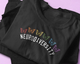 May include: Black t-shirt featuring a rainbow of butterflies and the text "Neurodiversity" in white.