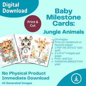 Cartes d'étape importante pour bébé, téléchargement numérique, animaux de la jungle, cartes d'étape importante du mois, étape importante pour bébé fille, bébé garçon, lot de 14 cartes, baby shower