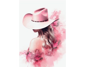 Pink Boho Cowgirl Poster, Coastal Cowgirl Poster Print, Pink Cowgirl Hat, Dorm Decor Poster, Beach Cowgirl, Cowgirl Wall Art Room Decor Gift