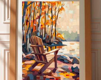 Adirondack Chair Fall Landscape Print: Cozy Cabin Lake Art (Digital Download