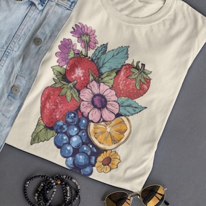 Summer Fruit Shirt, Fruit Wildflower Tshirt, Cottagecore Strawberry Fruit, Tropical Summer Vacation Tee, Citrus Fruit Cute Fruit Wildflower