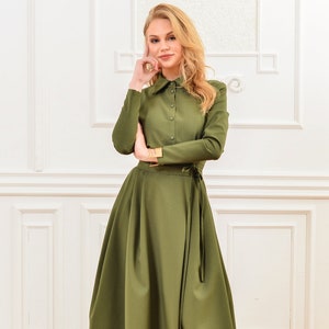 Shirt Maxi Dress, Women Collar Dress, Plus Size Clothing, Long Sleeve Dress, Flare Dress, Floor Length Dress, Wedding Guest Dress,Belt Dress