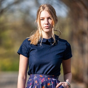 Linen Blouse, Peter Pan Collar Top, Navy Blue Top, Linen Clothing, Short Sleeve Top, Summer Linen Top, Minimalist Top, Loose Linen Top