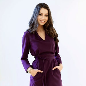 Kleid für Frauen, lila Kleid, Blouson Kleid, Kleid für jeden Tag, Übergröße Kleidung, Midi Kleid, Kleid mit Gürtel, Langarm Kleid, Knie Kleid