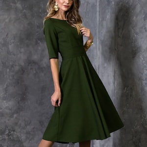 Dark Green Dress, Women Cocktail Dress, Knee Length Dress, Green Bridesmaid Dress, Plus Size Clothing, High Waist Dress, Pleated Dress image 2