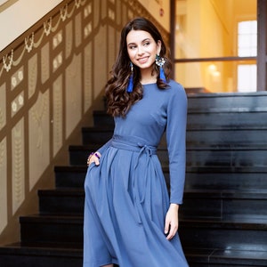 Blue Dress For Women, Cocktail Dress, Party Dress, Belted Dress, Blouse Dress, Long Sleeve Dress, Plus Size Clothing, Midi Dress,Flare Dress