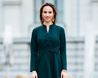 Dark Green Dress, Winter Shirt Dress, Collar Midi Dress, Long Sleeve Dress,  Plus Size Clothing, A Line Dress, V Neck Dress,shirtwaist Dress - Etsy
