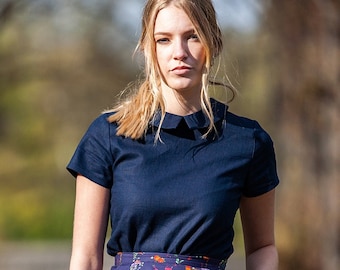 Camicetta in lino blu navy con colletto Peter Pan, top estivo a maniche corte in lino da donna, camicia minimalista in lino taglie forti, dalla XS alla 5XL