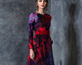Red Purple Abstract Print Midi Dress with Pockets, Plus Size Long Sleeve Pleated Fit and Flare Dress, XS-5XL