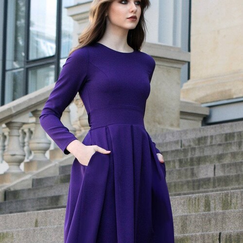Purple Dress for Women Long Sleeve Dress Cocktail Midi - Etsy