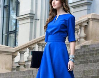 Women Dress, Blue Dress, Circle Dress, Knee Length Dress, Women Formal Clothing, Short Sleeve Dress, Oversize Dress, Fashion Dress, 1960s