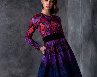 Red Purple Abstract Print Midi Dress with Pockets, Plus Size Long Sleeve Pleated Skirt Dress, XS-5XL