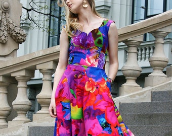 Flowers Dress, Formal Dress, Women Dress, Colorful Dress, Floral Dress, Cocktail Dress, Bohemian Dress, Midi Dress, Summer Dress