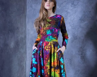 Maxi Dress, Long Sleeve Dress, Colorful Dress, Abstract Dress, Women Dress, Bohemian Gown, Ball Dress, Festival Dress, Loose Dress