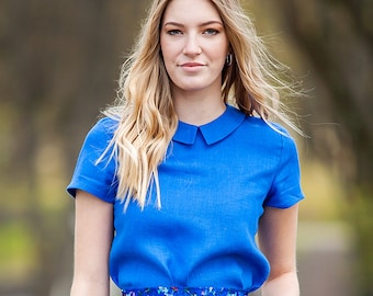 Camicetta blu in lino con colletto Peter Pan, top estivo a maniche corte in lino da donna, camicia minimalista in lino taglie forti, vestibilità ampia, dalla XS alla 5XL