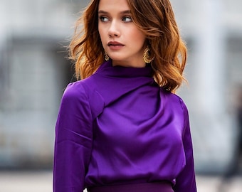 Blouse Women, Purple Blouse, Shoulder Pleat Blouse, Winter Blouse, High Collar Blouse, Plus Size Clothing, Elegant Blouse, Plus Size Blouse