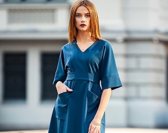 Vestido azul de talla grande, vestido con cuello en V, vestido midi, ropa de talla grande, vestido para mujer, vestido urbano, vestido de uso diario, vestido informal, Guntina