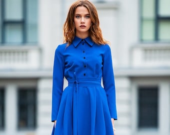 Royal Blue A Line Midi Shirt Dress with Stand Up Collar and Belt, Plus Size Long Sleeve Button Front Office Dress, XS-5XL
