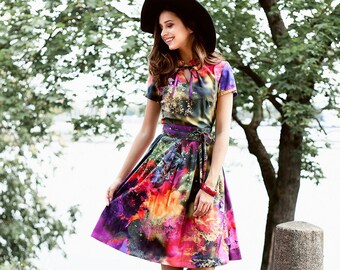 Colorful Floral Viscose Midi Dress with Front Bow, Plus Size Short Sleeve Summer Party Dress, XS-5XL