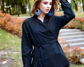 Black Shirt, Kimono Shirt, Overlap Shirt, Plus Size Clothing, Women Shirt, Oversize Shirt, Wrap Shirt, Elegant Shirt, Plus Size Shirt