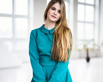 Teal Dress, Long Sleeve Dress, Flared Dress, Plus Size Clothing, Women Midi  Dress, Circle Dress, Peter Pan Collar Dress, Elegant Dress - Etsy
