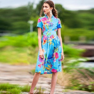 Summer Floral Dress, Women Midi Dress, Plus Size Clothing, Kimono Dress, Printed Dress, Knee Length Dress, Short Sleeve Dress, Guntina