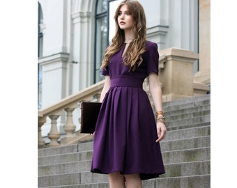 Purple Fall Dress Women Dress Purple Clothing Circle Dress Knee Length Dress Formal Dress Short Sleeve Dress Oversize Dress 1950 s Etsy UK