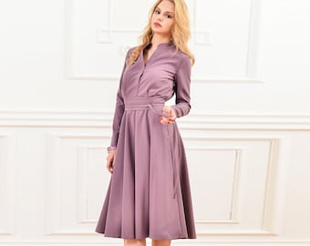 Light Purple Dress, Shirt Dress, Women Midi Dress, Fit And Flare Dress, Collar Dress, Circle Dress, Plus Size Clothing, Pleated Dress