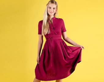 Robe en lin framboise, Robe midi en lin, Robe chemise en lin, Vêtements en lin, Robe en lin grande taille, Robe à manches courtes, Vêtements grande taille