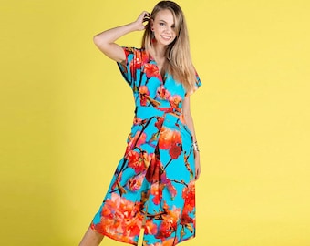 Turquoise Floral Cotton Midi Dress with Pockets, Plus Size Wrap V Neck Short Sleeve Summer Dress, XS-5XL