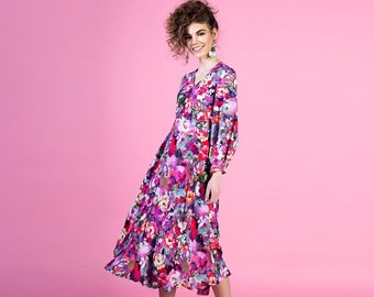 Floral Dress Women, Printed Flower Dress, Summer Floral Dress, Midi Dress For Women, Long Sleeve Dress, Plus Size Clothing, Oversize Dress