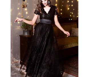Vestido maxi de tul, vestido de encaje negro, vestido largo de tul, ropa de talla grande, vestido boho, vestido de vampiro, vestido maxi gótico, madre de la novia