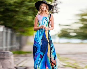Vestido estampado geométrico, vestido maxi de mujer, vestido sin mangas de verano, ropa de talla grande, vestido de playa azul, vestido boho kaftan, guntina
