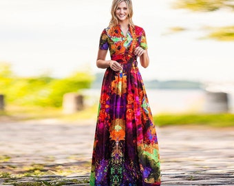 Fit And Flare Maxi Dress, Short Sleeve Dress, Printed Dress, Floral Dress, Plus Size Clothing, Dress For Women, Long Dress, Colorful Dress