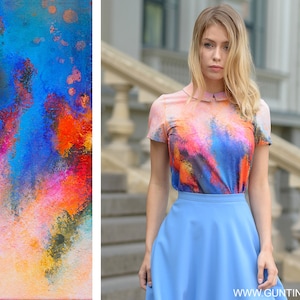 Zomertop, tie-dye kleding, top met korte mouwen, bohokleding, top in grote maten, oversized top, boho maxi-top, abstracte top, bedrukte top