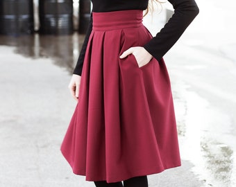 High Waisted Skirt, Midi Skirt, Swing Skirt, 1950's Skirt, Röcke fur frauen, Burgundy Skirt, Cocktail Skirt, Women Skirt, Minimalist Skirt