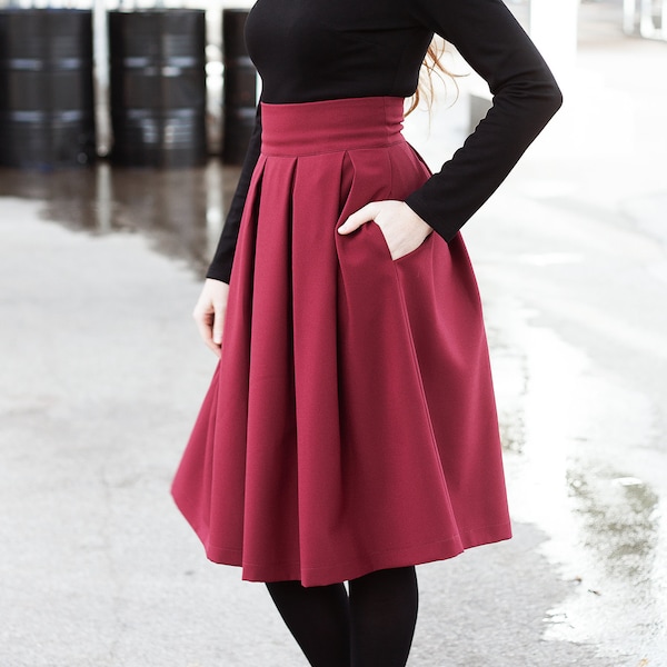 High Waisted Skirt, Midi Skirt, Swing Skirt, 1950's Skirt, Röcke fur frauen, Burgundy Skirt, Cocktail Skirt, Women Skirt, Minimalist Skirt