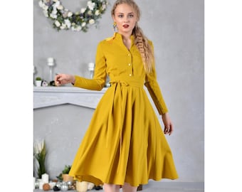 Yellow Shirt Dress, Women Midi Dress, Plus Size Clothing, Collar Dress, Fit And Flare Dress, Circle Dress, Pleated Dress, Minimalist Dress