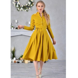Yellow Shirt Dress, Women Midi Dress, Plus Size Clothing, Collar Dress, Fit And Flare Dress, Circle Dress, Pleated Dress, Minimalist Dress