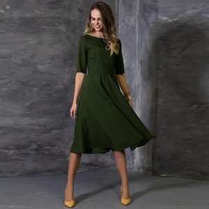 Dark Green Dress, Women Cocktail Dress, Knee Length Dress, Green Bridesmaid Dress, Plus Size Clothing, High Waist Dress, Pleated Dress