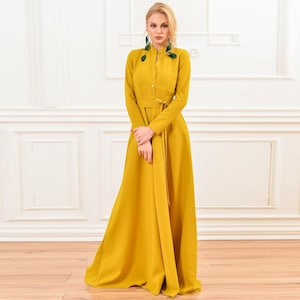 Mustard Maxi Dress, Collar Dress, Shirt Dress, Floor Dress, Plus Size Clothing, Long Sleeves Dress, Flare Dress, Pleated Dress, Women Dress