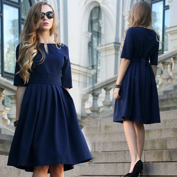 Wedding Guest Dress, Women Cocktail Dress, Plus Size Formal Dress, Navy Midi Dress, Blue Dress, Office Dress, Pleated Dress, 1950's Dress