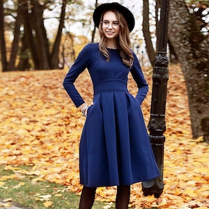 Dark Blue Dress, Formal Dress, Pleated Dress, Plus Size Clothing, Cocktail Dress, Evening Dress, Circle Dress, Plus Size Dress, Swing Dress